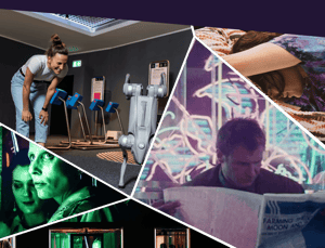 Un collage visivo dinamico e contemporaneo che intreccia diverse scene legate alla tecnologia e all’esperienza umana: una persona interagisce con un robot in un ambiente espositivo, volti illuminati da luci digitali, una figura immersa nel riposo, e un uomo che legge circondato da grafiche luminose