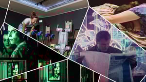 Collage di immagini su tecnologia e innovazione: persone in un ambiente con luci verdi, una donna che interagisce con strumenti scientifici, un robot al centro, una persona che legge un giornale davanti a luci al neon e una donna sdraiata su una superficie luminosa.