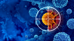 Detection and screening with a cancer cell as a symbol of immunotherapy in a 3D rendering.
