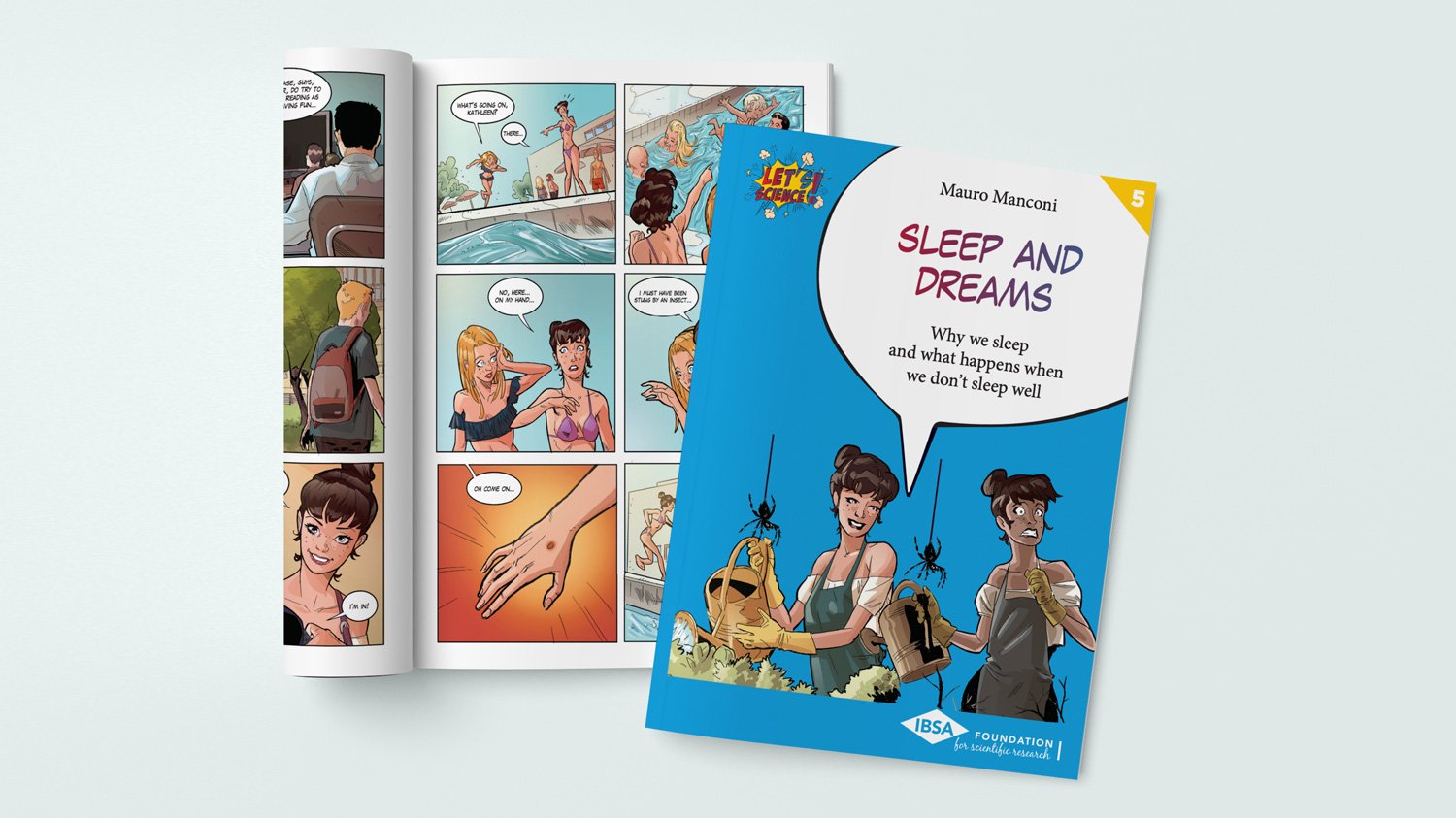 Open comic book and cover titled “Sleep and Dreams” from the Let’s Science! series, featuring illustrated scenes and characters.