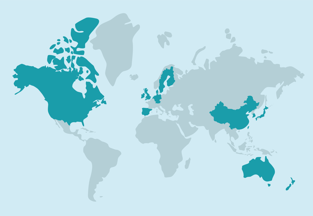 World map highlighting in turquoise the countries where Social Prescribing is active: the United States, Canada, the United Kingdom, Ireland, Germany, the Netherlands, Spain, Finland, Sweden, Australia, New Zealand, Japan, and China.