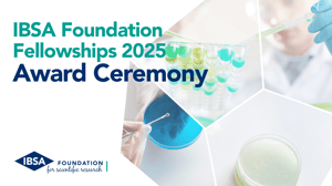 Graphic design for the IBSA Foundation Fellowships 2025 Award Ceremony, featuring laboratory images.