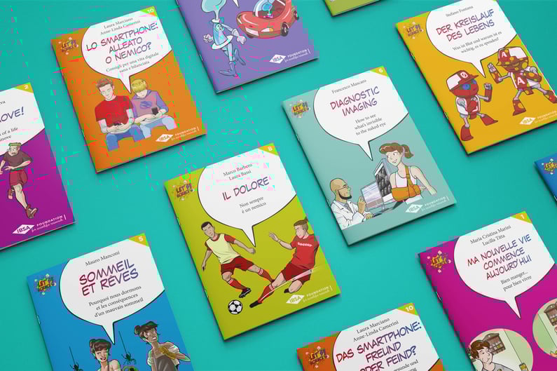 composizione con diverse copertine della collana Let’s Science! disposte su uno sfondo verde acqua.