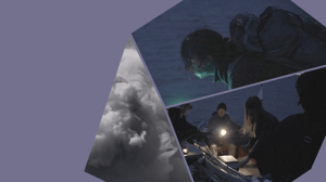Composizione visiva con sfondo viola che fonde fotografie notturne di un’esplorazione in barca, una nube di fumo e l’immagine di un gruppo al lavoro sull’acqua; un collage evocativo tra natura, scienza e umanità