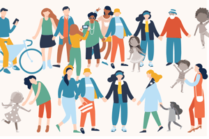 Illustrazione di adulti e bambini che si tengono per mano, simbolo di famiglie e percorsi di genitorialità in Svizzera.