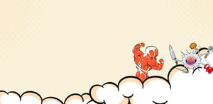 A comic-style illustration on a light beige background, featuring a muscular character representing the muscular system and, on the right, a fantasy creature armed with a sword and a hammer.