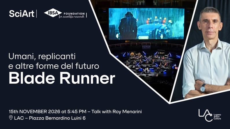 SciArt event graphic for Blade Runner Live by The Avex Ensemble, featuring the orchestra performing beneath a large screen showing a scene from the film.