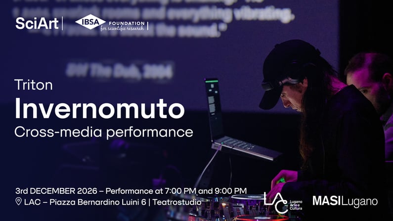 SciArt event graphic for Triton by Invernomuto, featuring two performers working at an electronic console during a cross-media performance.