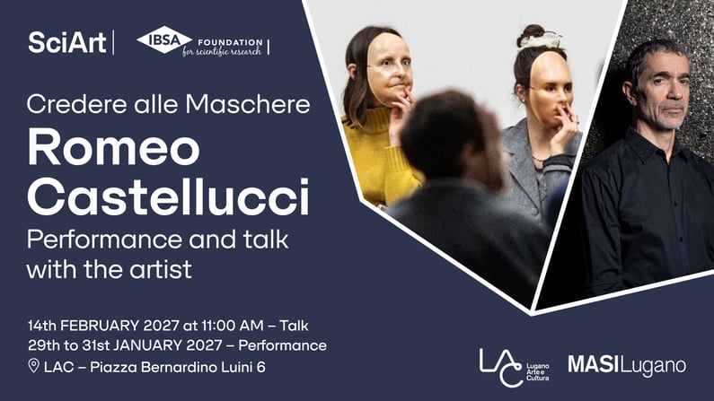 SciArt event graphic for Credere alle Maschere by Romeo Castellucci, featuring two people wearing realistic masks and a portrait of the artist.