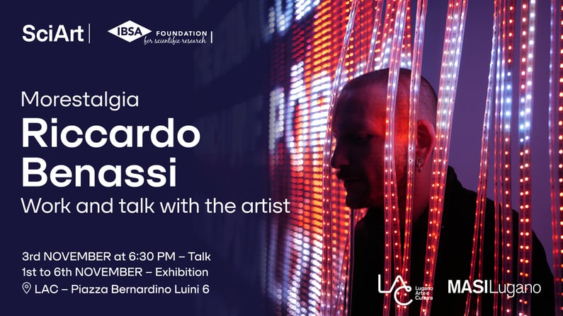 Graphic for Riccardo Benassi’s Morestalgia event for SciArt, featuring a man immersed in a red and blue LED light installation.