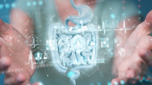 Woman on blurred background using digital x-ray of human intestine holographic scan projection 3D rendering